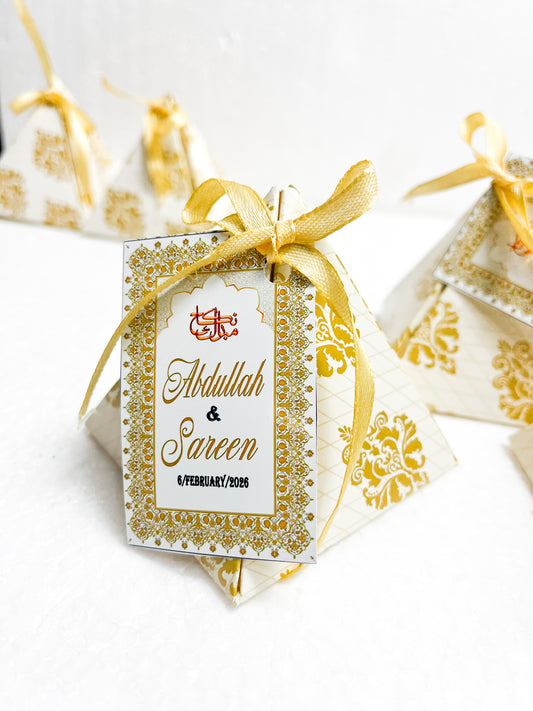 Custom Wedding Pyramid Favor Box - Gold Damask 100pc