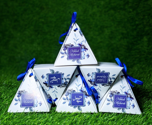 Nikkah Mubarak Light Blue Floral Pyramid Gift Box